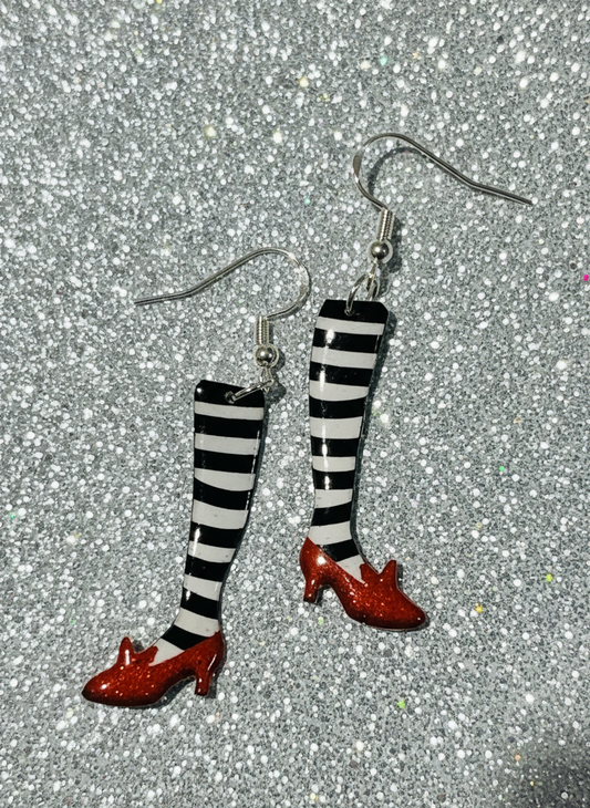 Wizard of Oz handmade earrings. Wicked witch of the east stripy legs and Ruby slippers