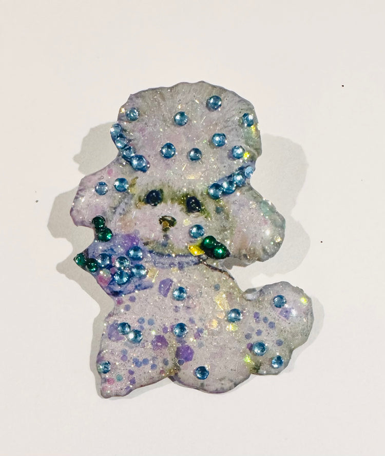 blue and white diamante handmade poodle brooch