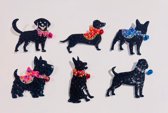 Set of six black dog brooches 