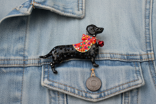 Eco friendly recycled sausage dog brooch