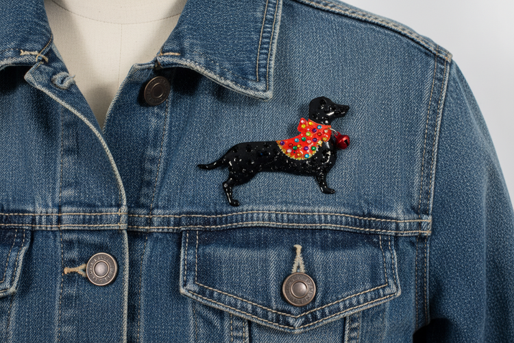 Pretty black Dog brooch – Sausage dog - diamantes, red