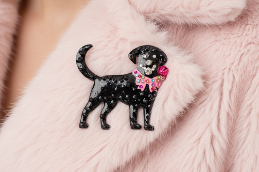 Labrador, Golden Retriever Black dog brooch with a colourful collar 