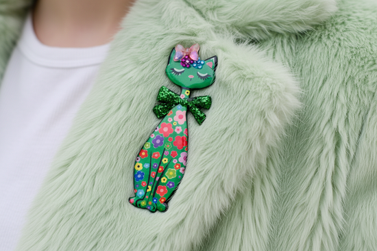 tall green cat unique brooch