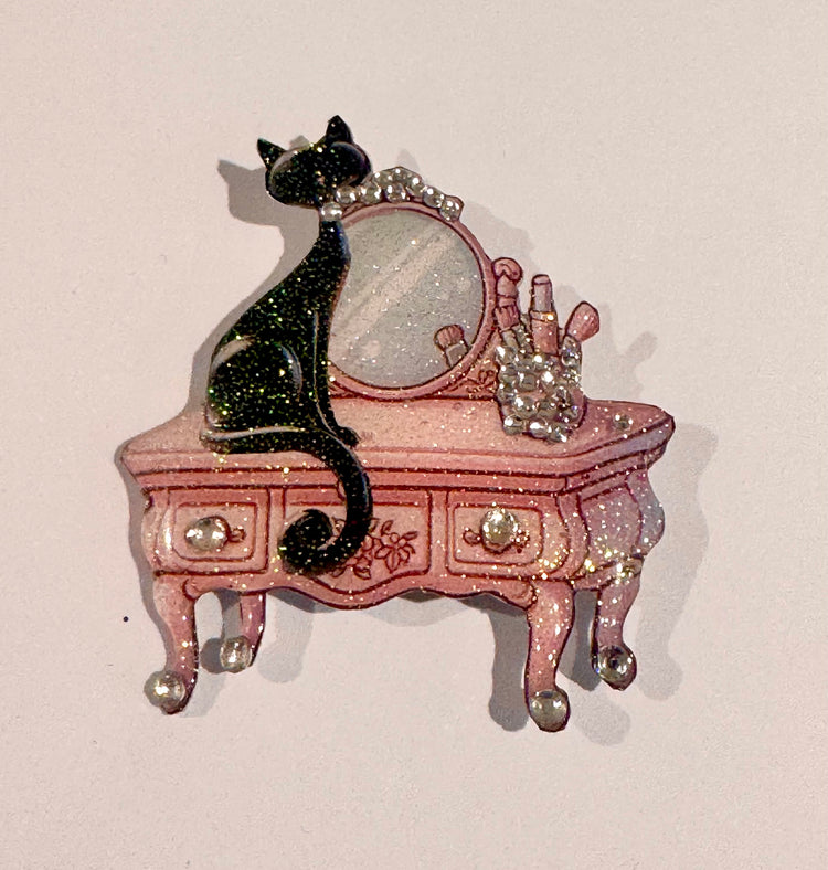 retro black cat on dressing table black cat
