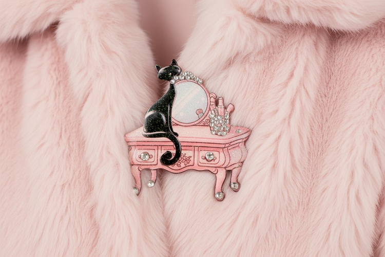 pink retro black cat on dressing table unique brooch