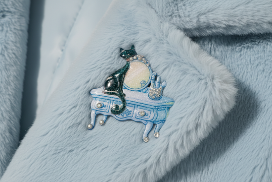 retro black cat on blue dressing table brooch