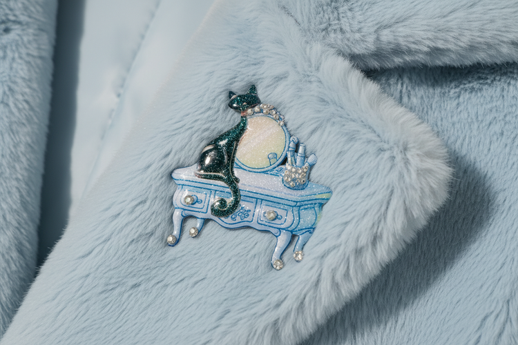 retro black cat on blue dressing table brooch