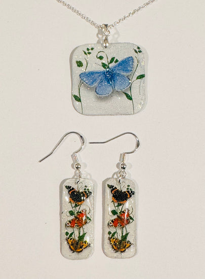 British butterfly Holly blue Butterfly dangle earrings and pendant set.