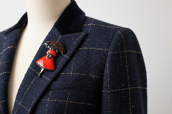 Woman in Red with Umbrella brooch, handmade beaded brooch pin