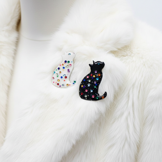 diamante black and white cat brooches