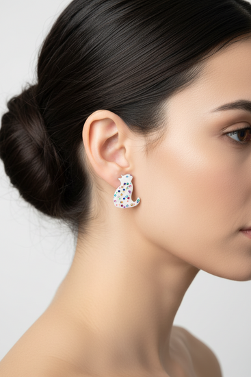 white cat stud earrings made from tin cans