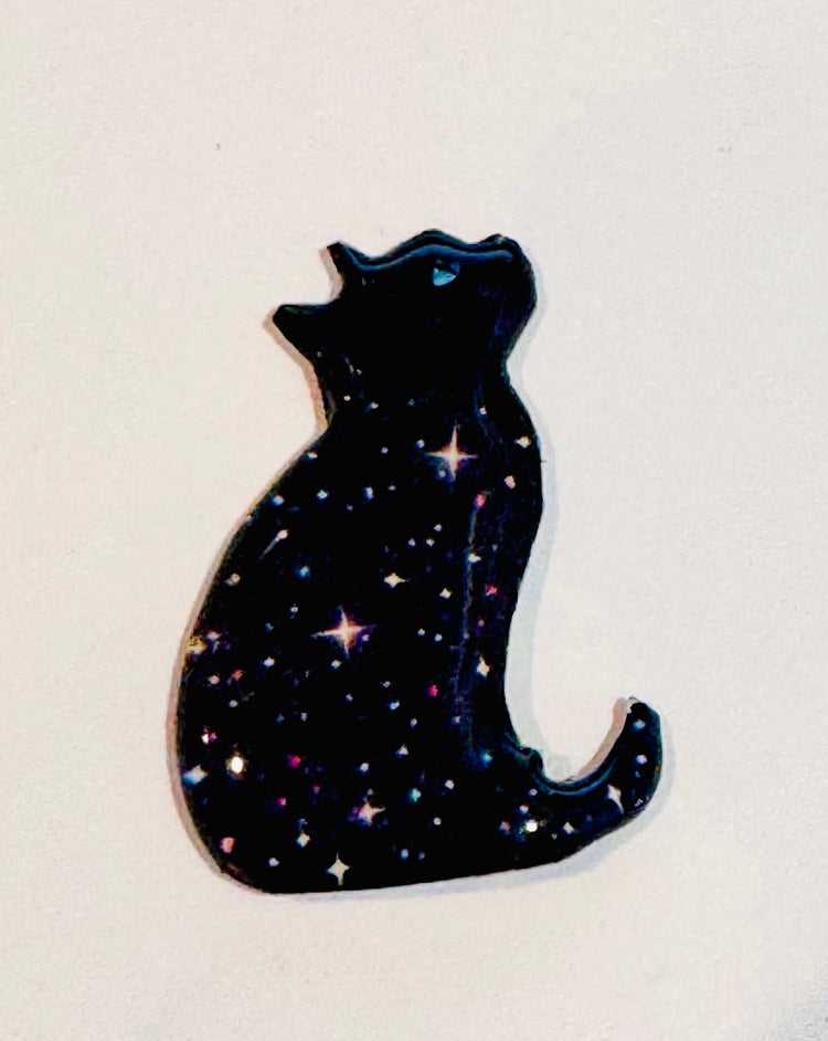 Silhouette of a cat with a galaxy pattern brooch