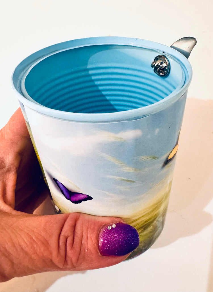 hand painted Tin Can Pot with butterflies