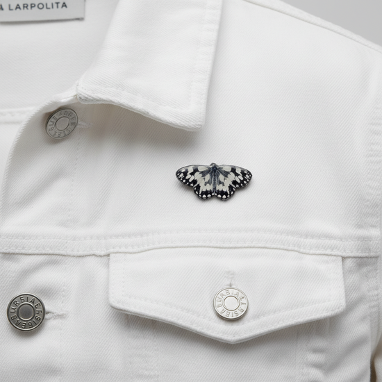 Marbled White butterfly enamel pin made from recycled tin cans