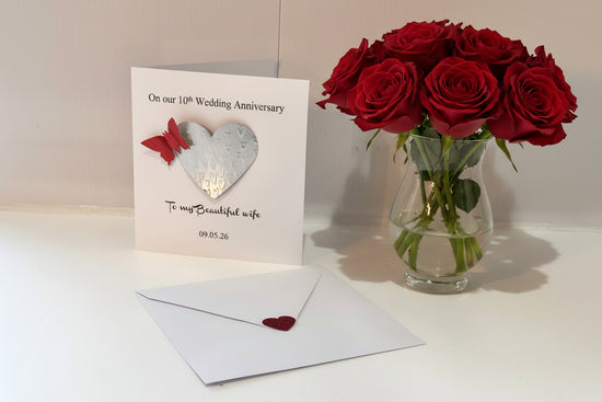 Tin 10th Wedding anniversary card with tin heart design and envelope