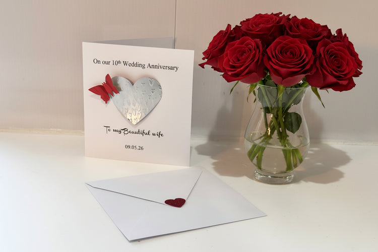 Tin 10th Wedding anniversary card with tin heart design and envelope