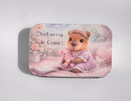 Personalised small Capybara tin. Don't worry, be cappy