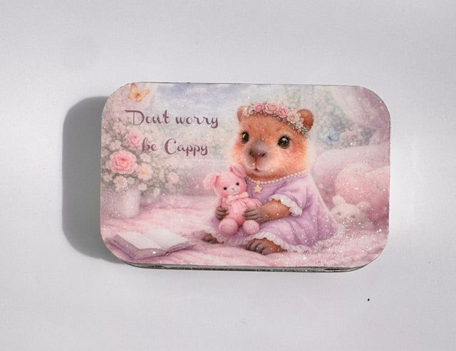 Personalised small Capybara tin. Don't worry, be cappy