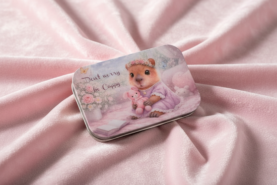 Personalised small Capybara tin. Don't worry, be cappy