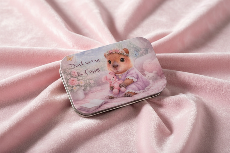 Personalised small Capybara tin. Don't worry, be cappy