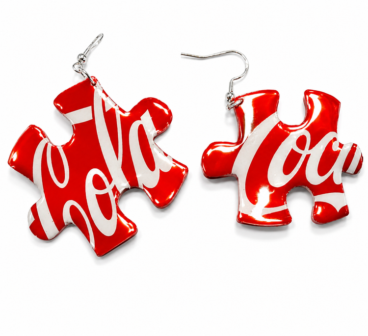 Jigsaw Coca-Cola Earrings, Coke Earrings, Recycled tin can Coke dangle Earrings