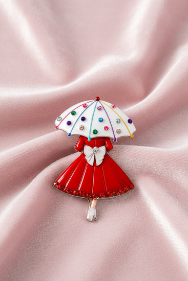 Lady in red with white umbrella retro brooch