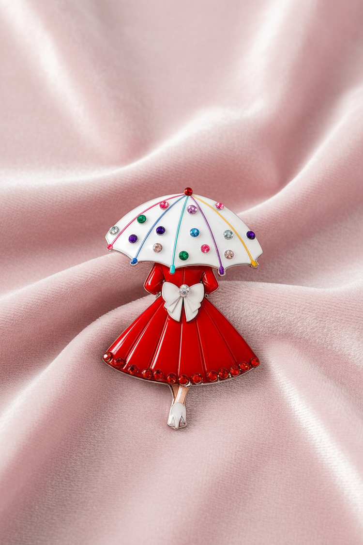 Lady in red with white umbrella retro brooch