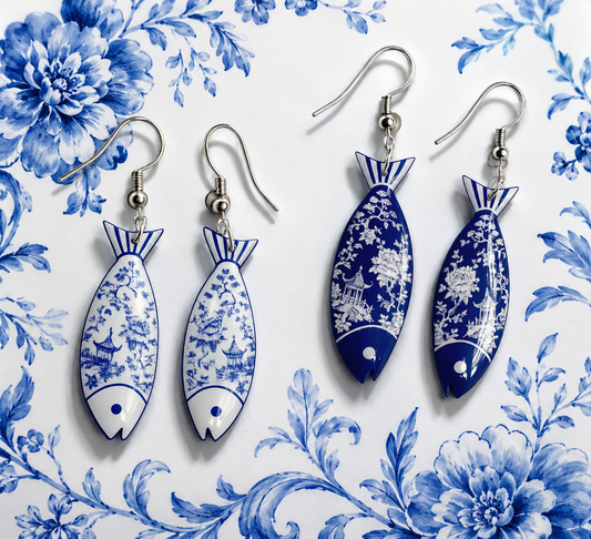 Mediterranean Fish earrings.  Sardine White or Blue Dangle Fish Jewellery