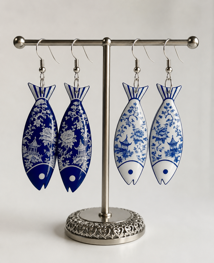Mediterranean Sardine Earrings – White or Blue Acrylic Dangle Fish Jewelry,