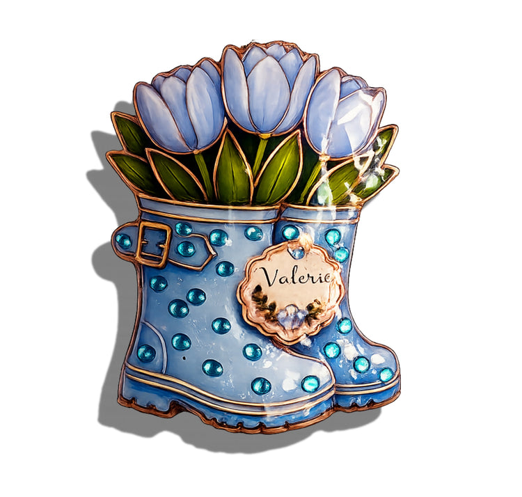 Wellie boots Personalised with name – Brooch, Magnet or Keyring. Pretty boots with tulips