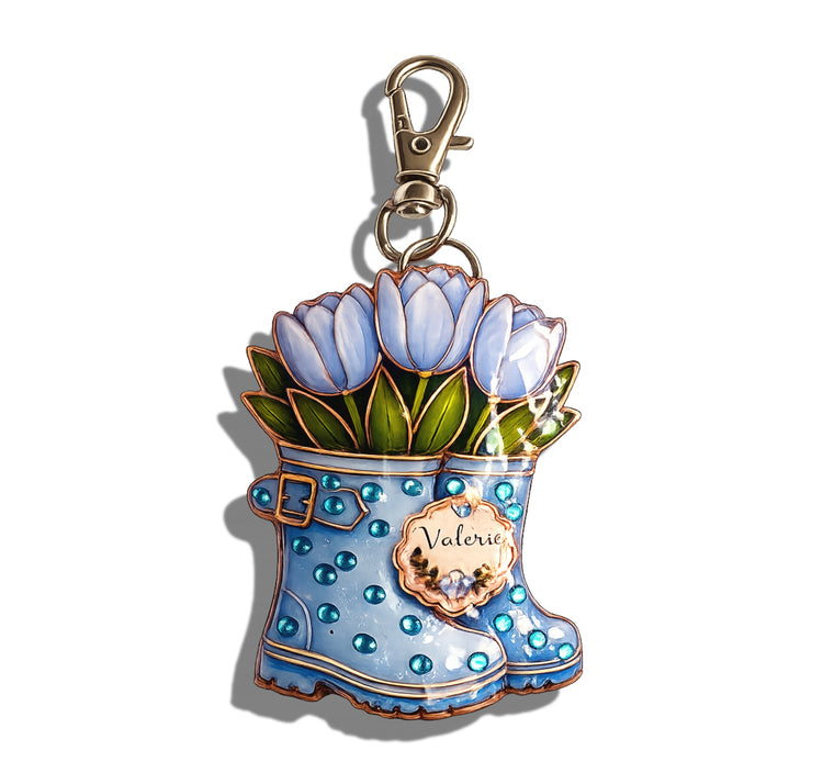 Wellie boots Personalised with name – Brooch, Magnet or Keyring. Pretty boots with tulips