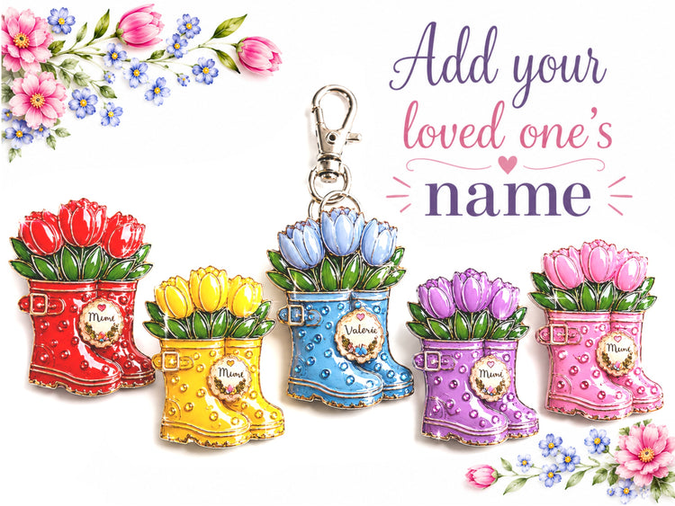 Wellie boots Personalised with name – Brooch, Magnet or Keyring. Pretty boots with tulips