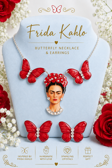 Red Frida Kahlo Butterfly Collection necklace and matching stud earrings featuring light blue butterflies adorned with diamantes
