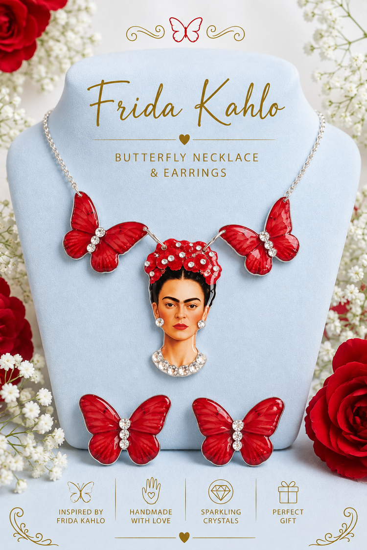 Red Frida Kahlo Butterfly Collection necklace and matching stud earrings featuring light blue butterflies adorned with diamantes