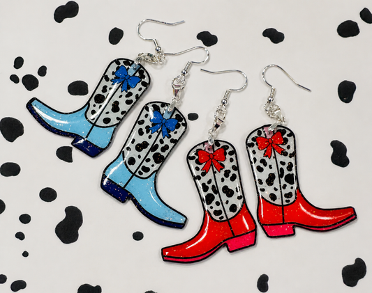 Red and blue cowboy boot earrings