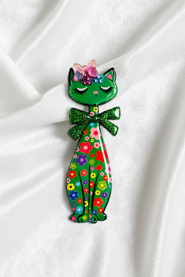 Retro green tall cat brooch