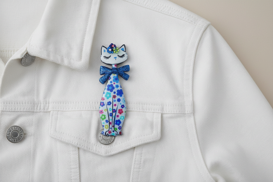 retro blue tall cat unique brooch by Flutterframes