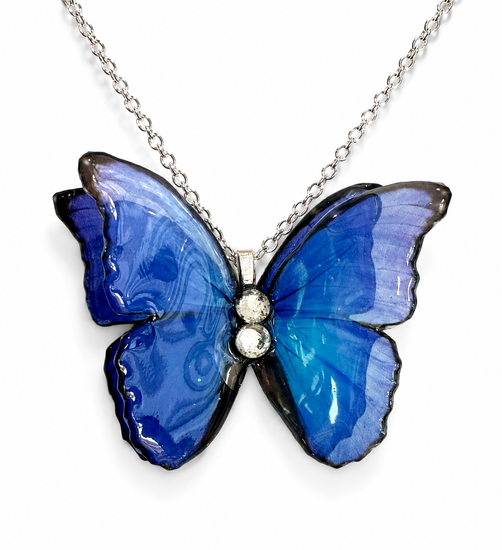 Vibrant Blue Morph double Butterfly dazzling iridescent blue wings. Pendant Necklace – Quirky Statement Jewellery