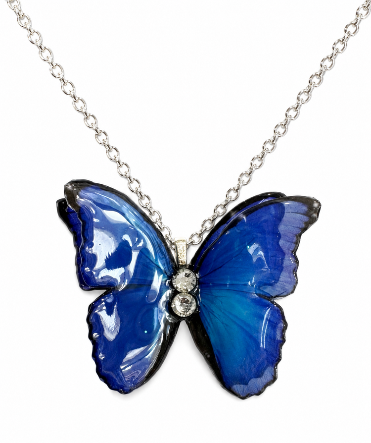 Vibrant Blue Morpho double Butterfly Pendant Necklace – Quirky Statement Jewellery