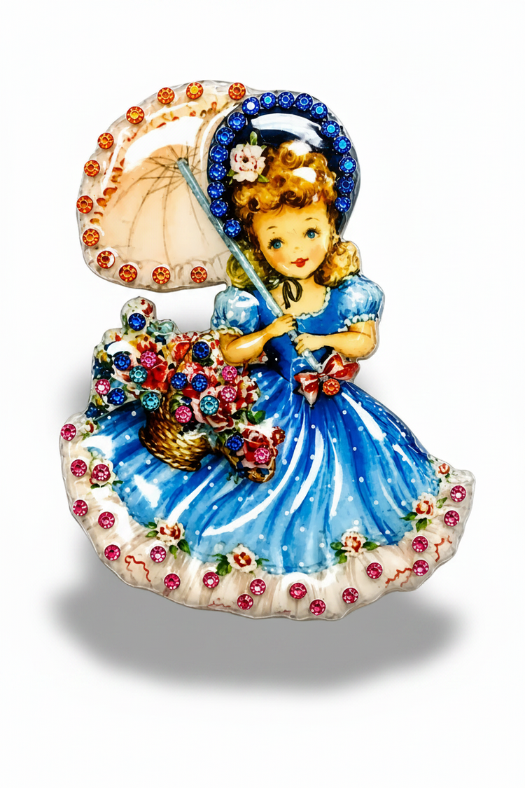 Vintage 1950's illustration of girl with bunch of flowers holding an umbrella Brooch