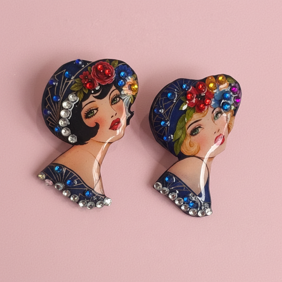 art deco enamel pin flapper lady, handmade