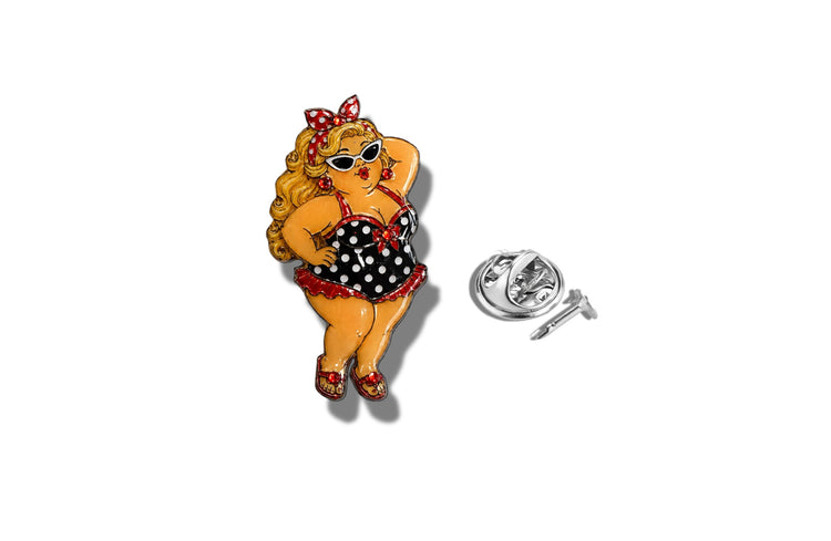 blonde fat woman vintage-style bikini pin badges