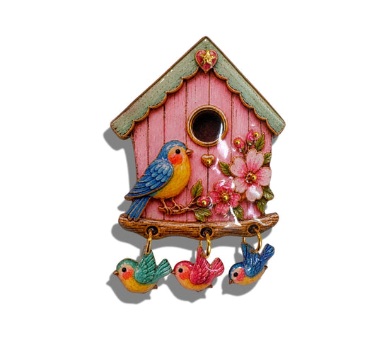 Retro Bird House brooch, with cute little birds. Recycled Tin Art