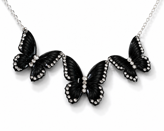 black 3 butterfly handmade necklace and earrings