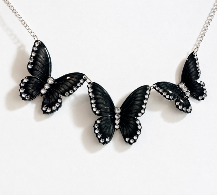 black 3 butterfly handmade necklace and stud earrings