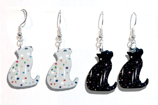 black and white dangle cat earrings handmade from tin cans