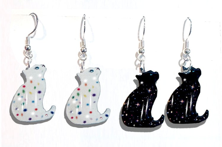 black and white dangle cat earrings handmade from tin cans