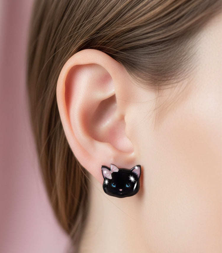 lucky black cat stud earrings