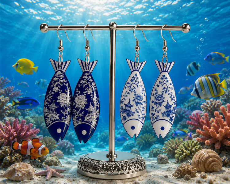 blue and white fish dangle earrings