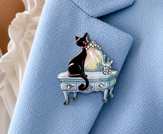 blue retro black cat on dressing table unique brooch handmade